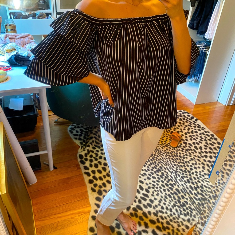 Black and White Ruffle Sleeve Off Shoulder Top